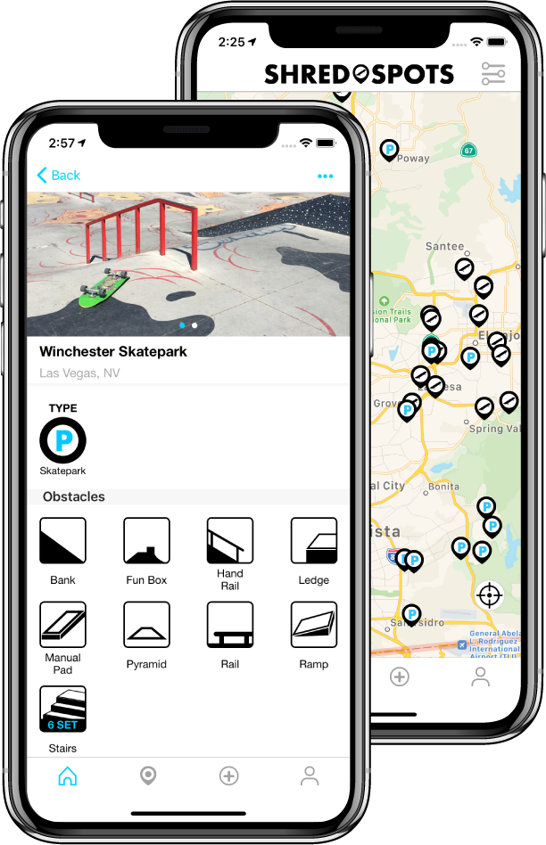 ShredSpots skate spots finder app screenshots showing the skate map and spot view.