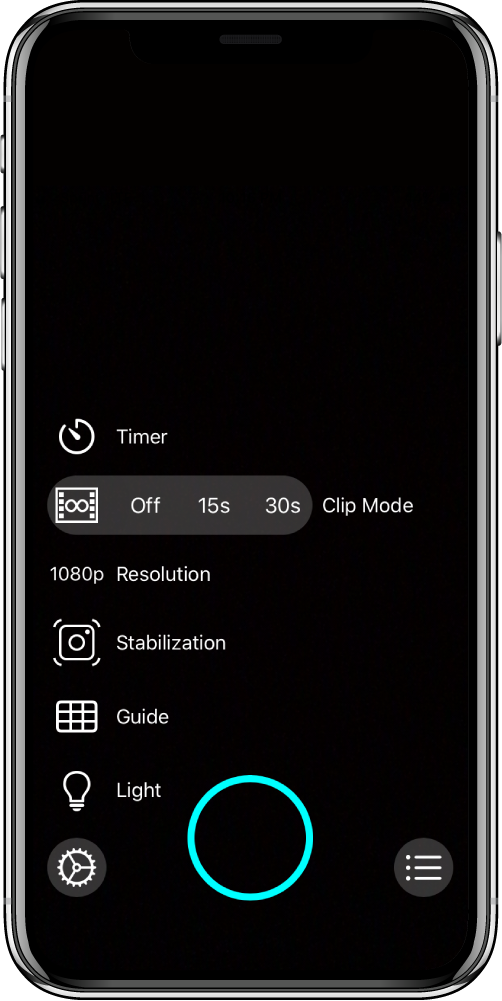 ShredCam screenshot showing the camera controls.