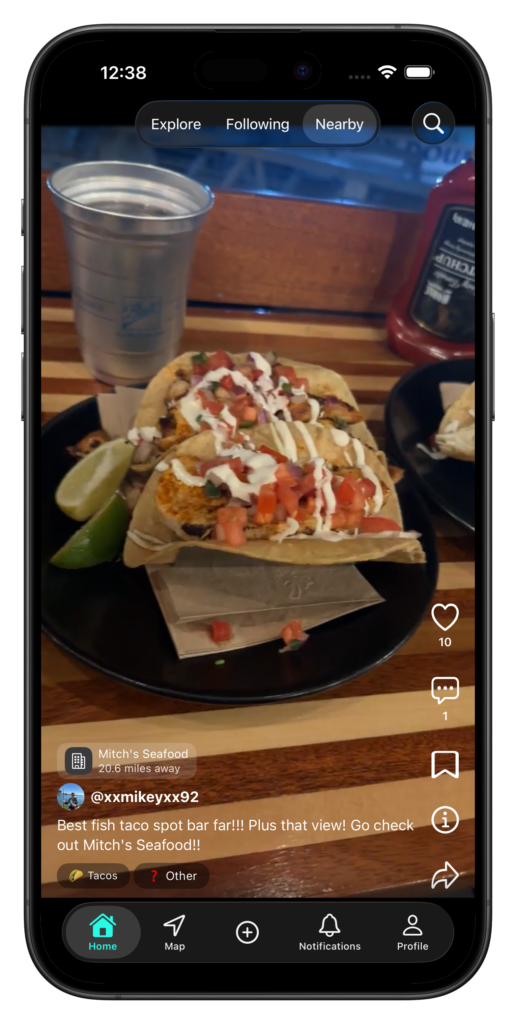 WhattaEat social food discovery app video feed screenshot.