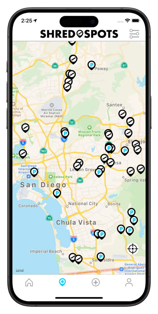 ShredSpots iOS skate spot finder app showing the map full of skate spots created by Luis Calvillo.