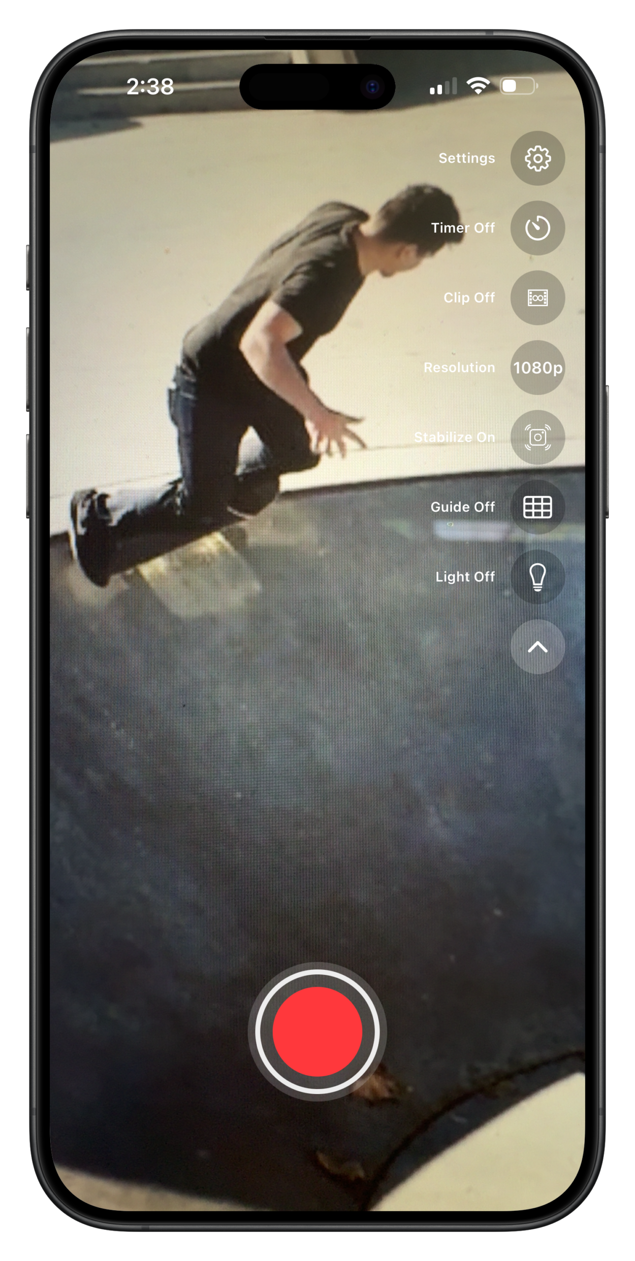 ShredSpot skate camera app iPhone mockup with camera controls.